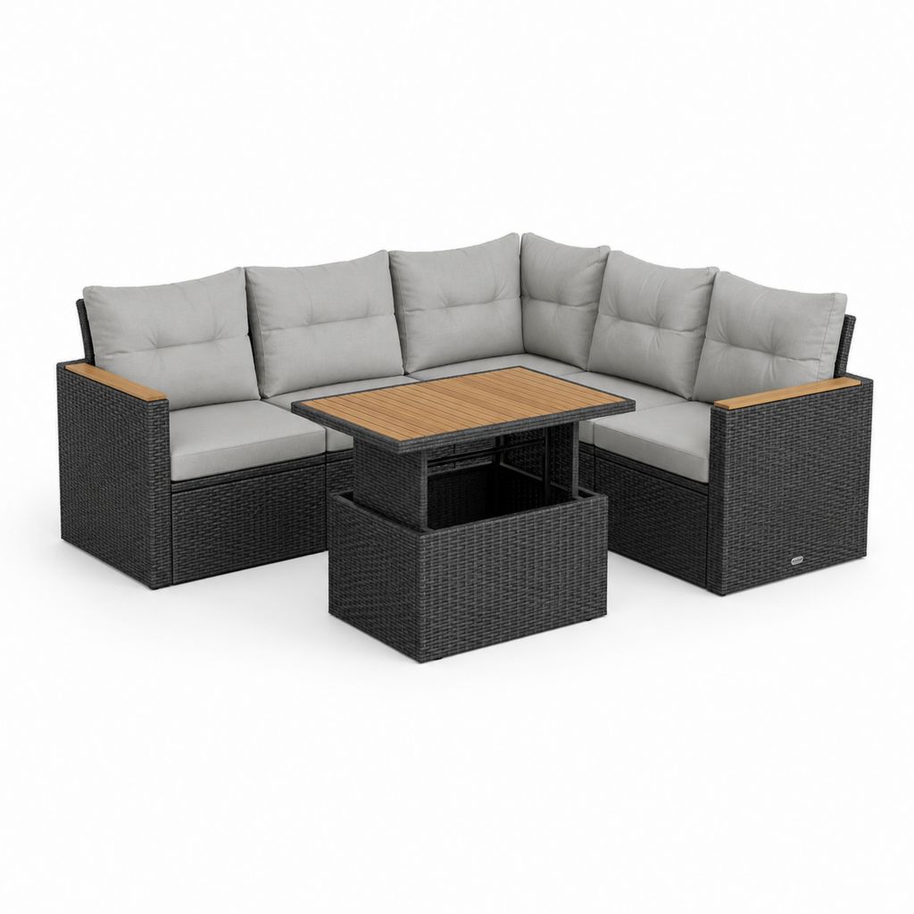 Salon de jardin d'angle 5 places gris et noir en résine tressée PE avec table relevable 230 x 230 x 88 cm
