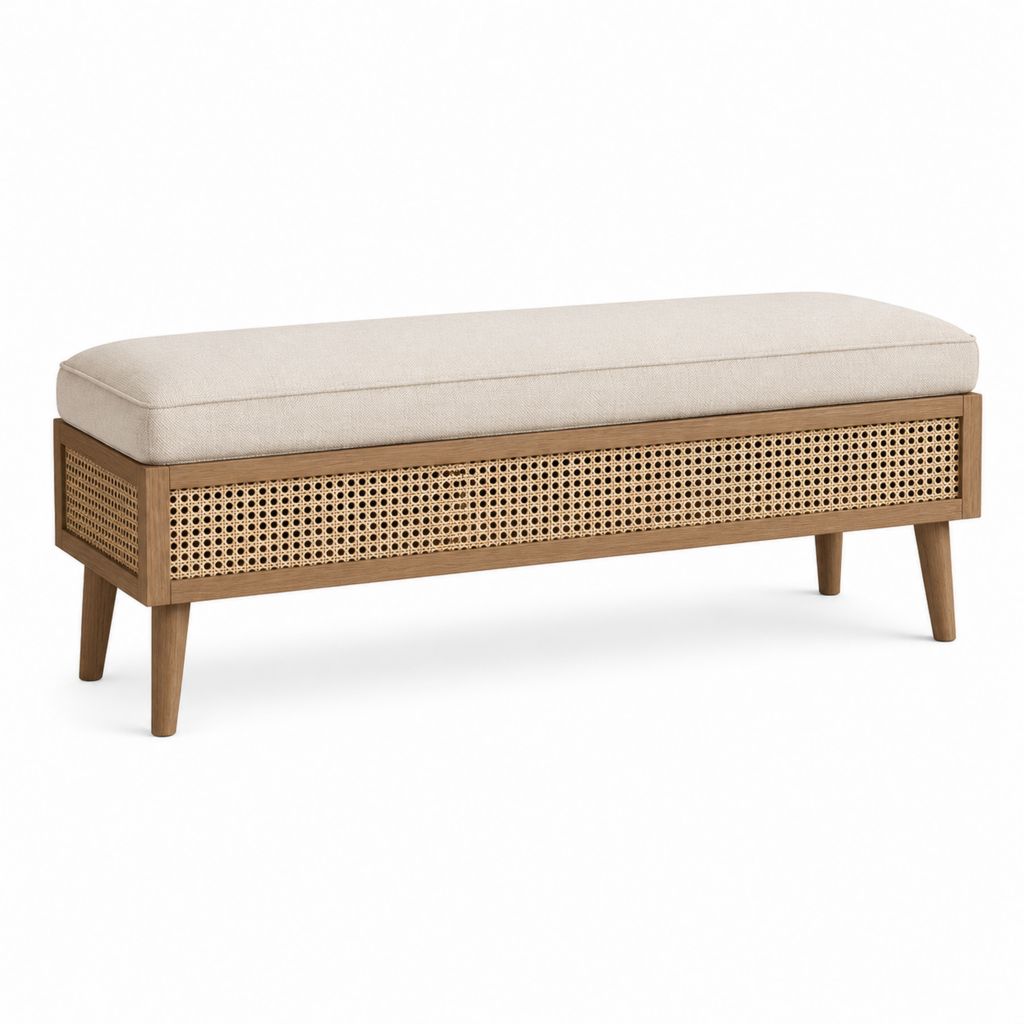 Banc de bout de lit rectangulaire beige en bois d'hévéa massif et cannage de rotin 120 x 40 x 48 cm