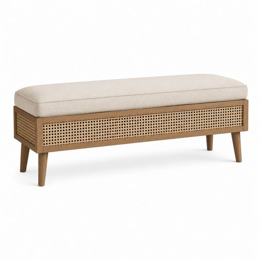 Banc de bout de lit rectangulaire beige en bois d'hévéa massif et cannage de rotin 120 x 40 x 48 cm