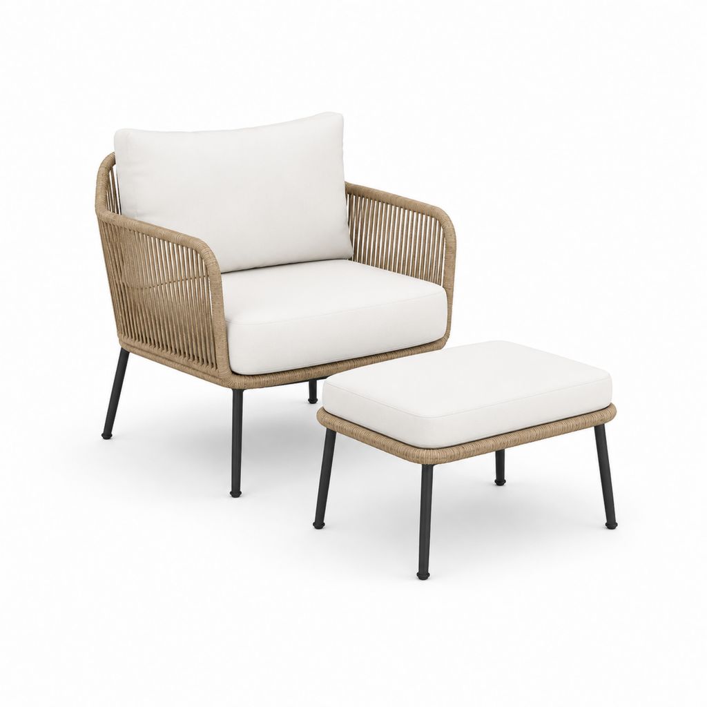 Fauteuil de jardin avec repose-pieds beige en corde PE et acier 78 x 75 x 75 cm