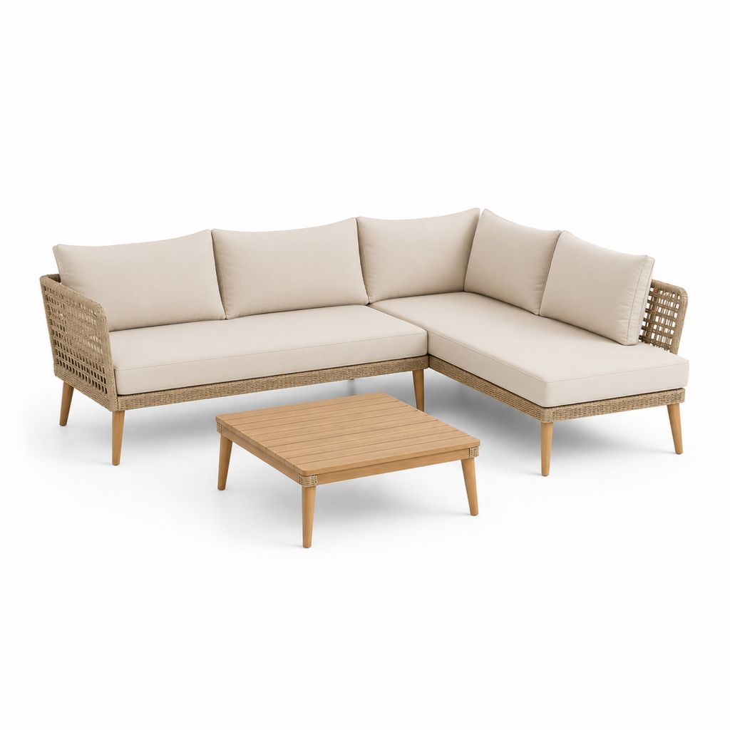 Salon de jardin d’angle 4 places beige en résine tressée et acacia avec table basse 220 x 160 x 78 cm