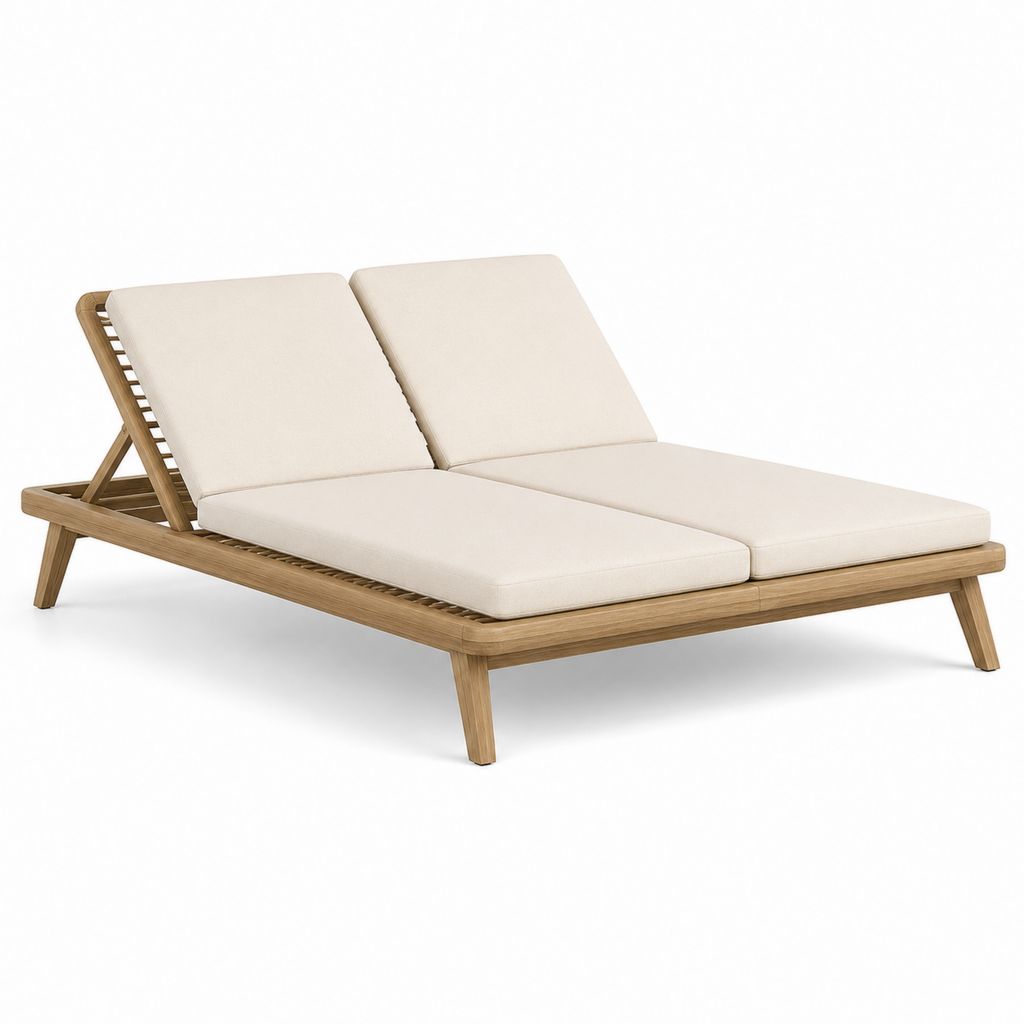 Bain de soleil double inclinable beige en teck massif avec coussins 200 x 140 x 75 cm