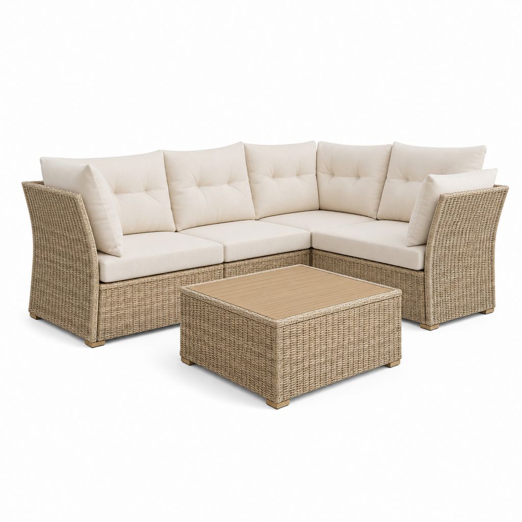 Salon de jardin d’angle 5 places en résine tressée beige avec table basse 210 x 210 cm