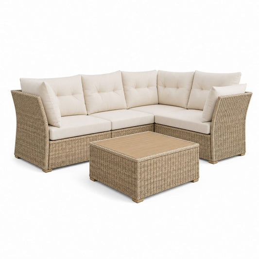 Salon de jardin d’angle 5 places en résine tressée beige avec table basse 210 x 210 cm