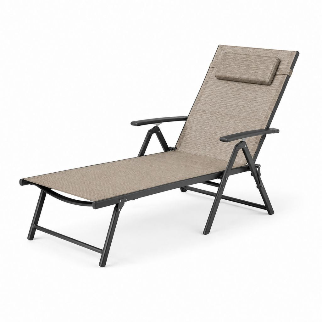 Bain de soleil pliant inclinable taupe et noir en acier et textilène 188 x 58 x 30 cm