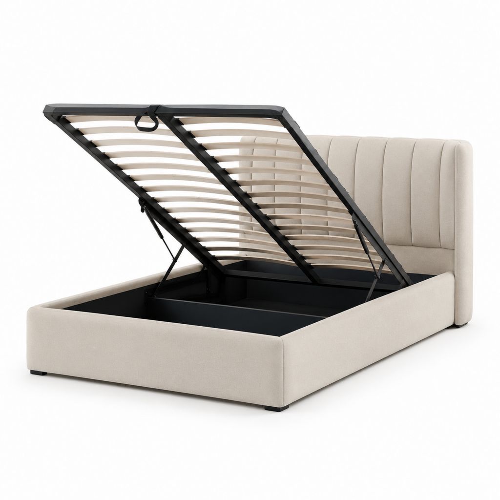 Lit coffre 160 x 200 cm beige en polyester avec sommier relevable et tête de lit capitonnée