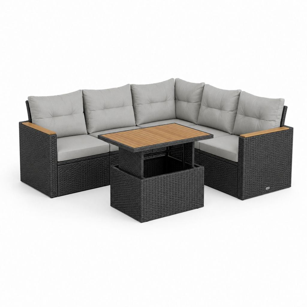 Salon de jardin d'angle 5 places gris et noir en résine tressée PE avec table relevable 230 x 230 x 88 cm