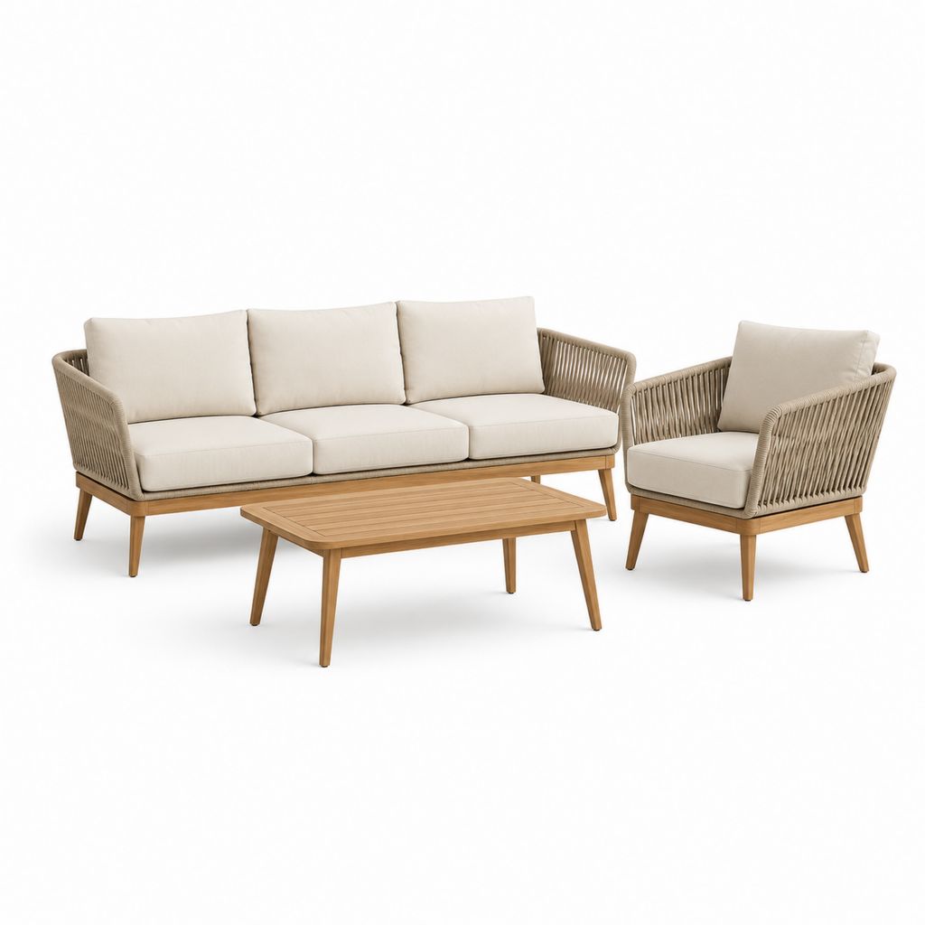 Salon de jardin 3 pièces beige en bois d’acacia massif avec corde polypropylène canapé 3 places fauteuil et table basse 200 x 80 x 78 cm