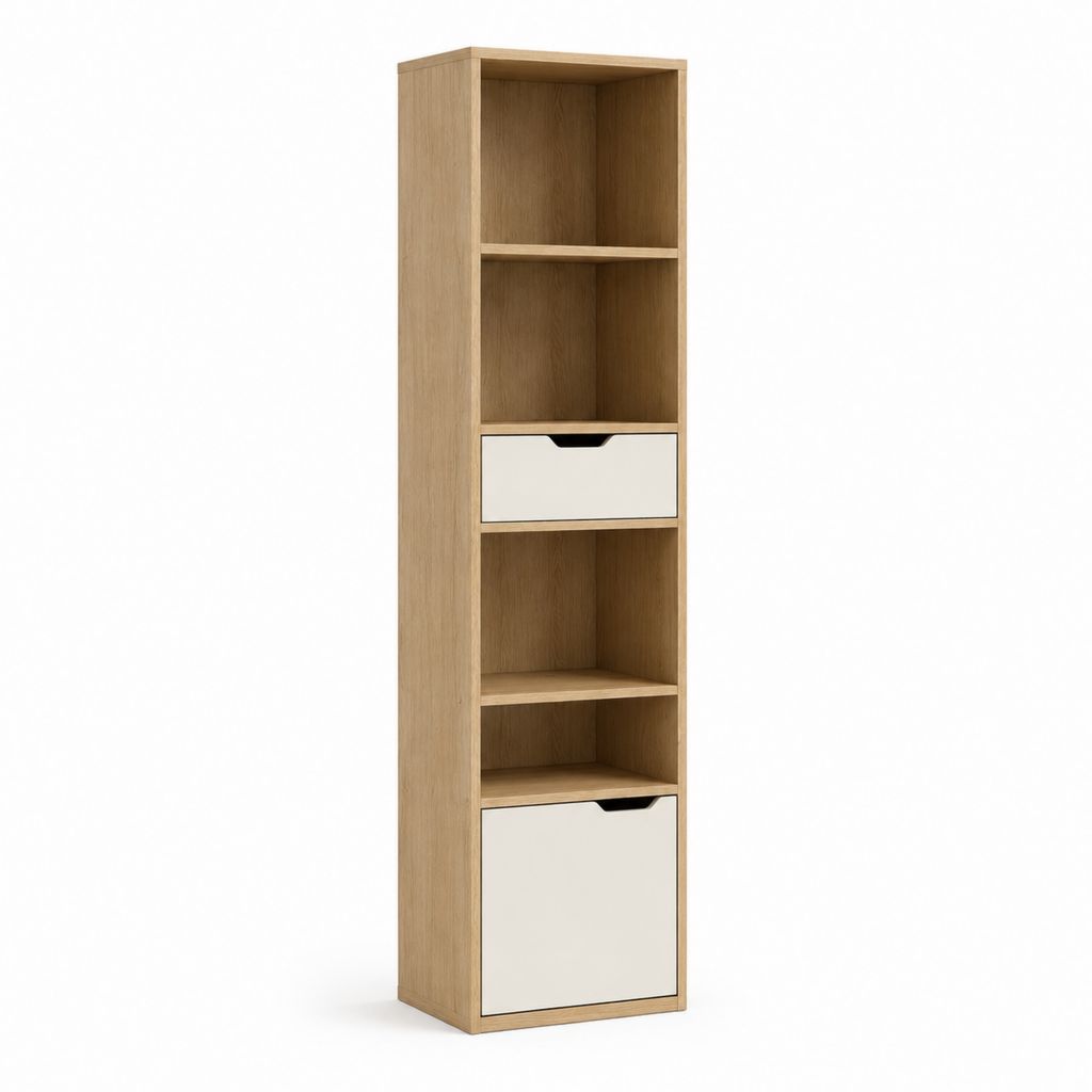 Bibliothèque colonne à 4 niches et 2 tiroirs chêne clair et blanc en panneaux de particules 180 x 40 x 30 cm