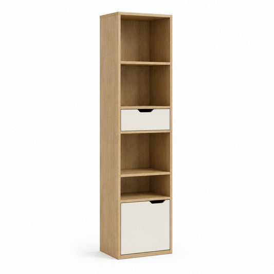 Bibliothèque colonne à 4 niches et 2 tiroirs chêne clair et blanc en panneaux de particules 180 x 40 x 30 cm