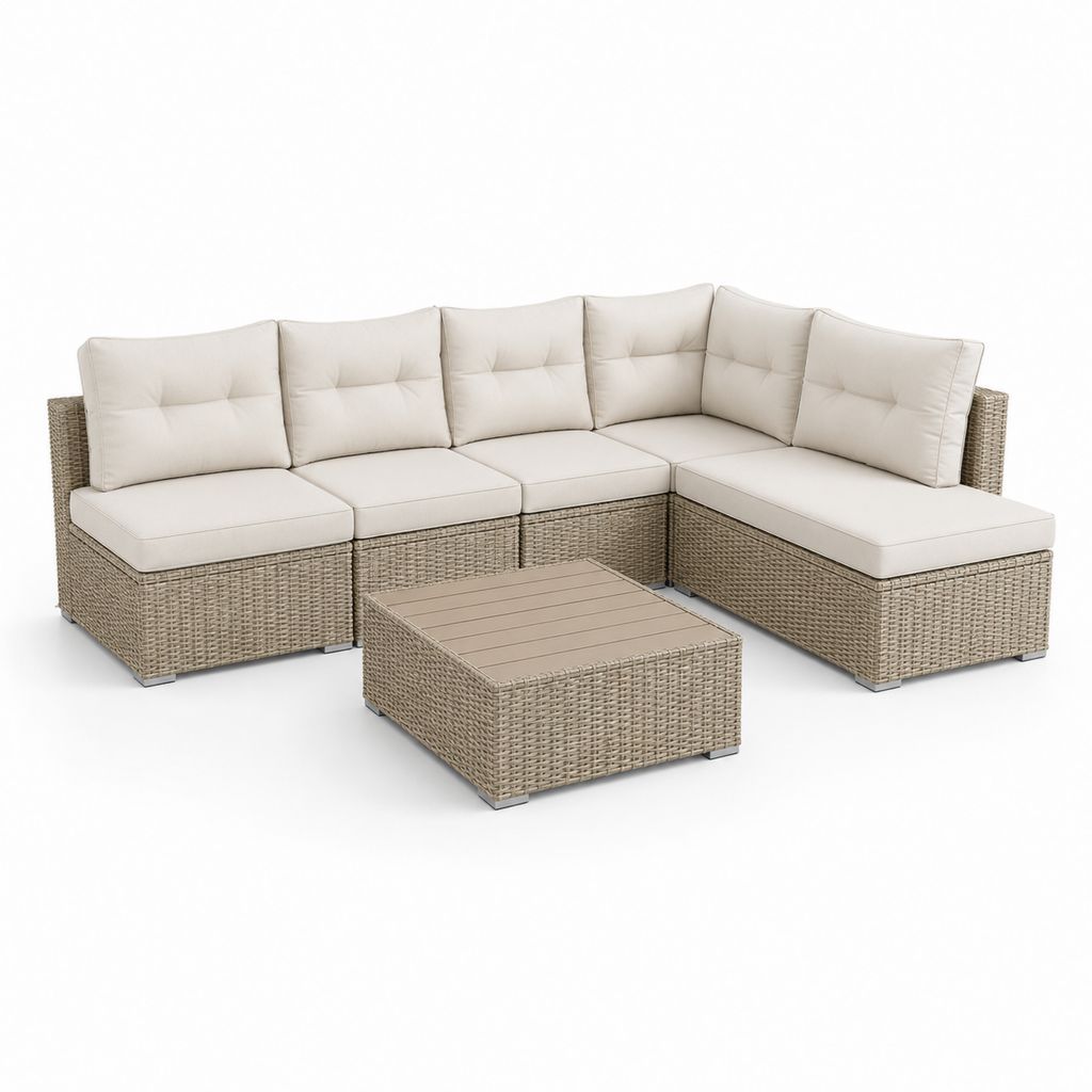 Salon de jardin d'angle 5 places beige en résine tressée PE avec table basse 270 x 210 x 82 cm