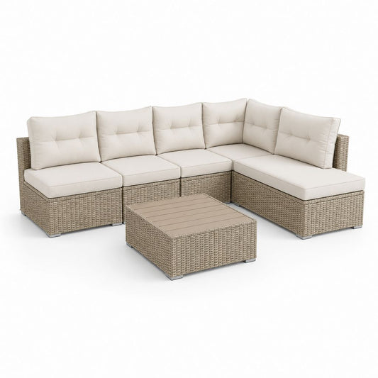 Salon de jardin d'angle 5 places beige en résine tressée PE avec table basse 270 x 210 x 82 cm