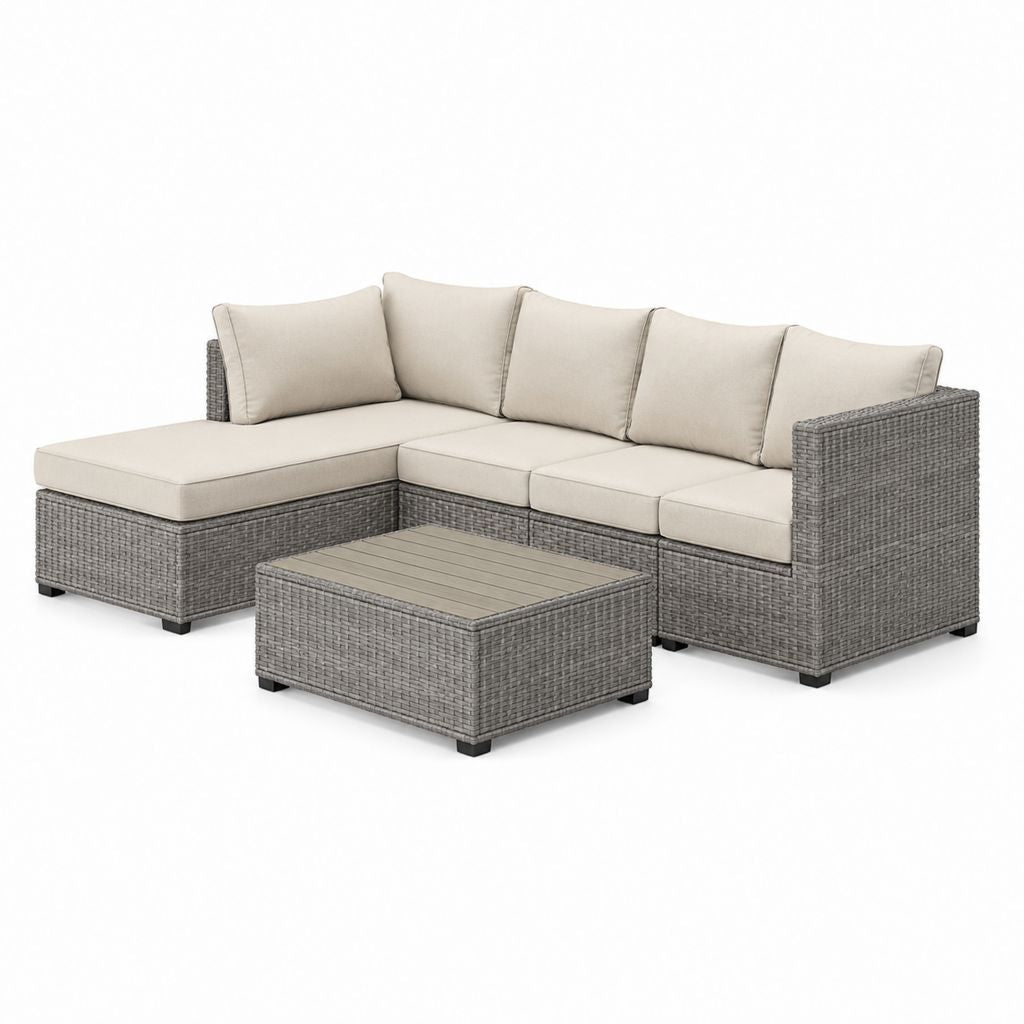 Salon de jardin d'angle 4 places gris et beige en résine tressée PE avec table basse 218 x 140 x 65 cm