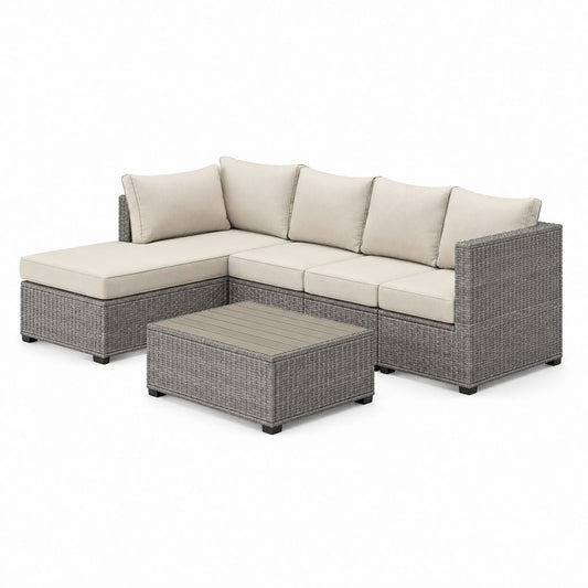 Salon de jardin d'angle 4 places gris et beige en résine tressée PE avec table basse 218 x 140 x 65 cm