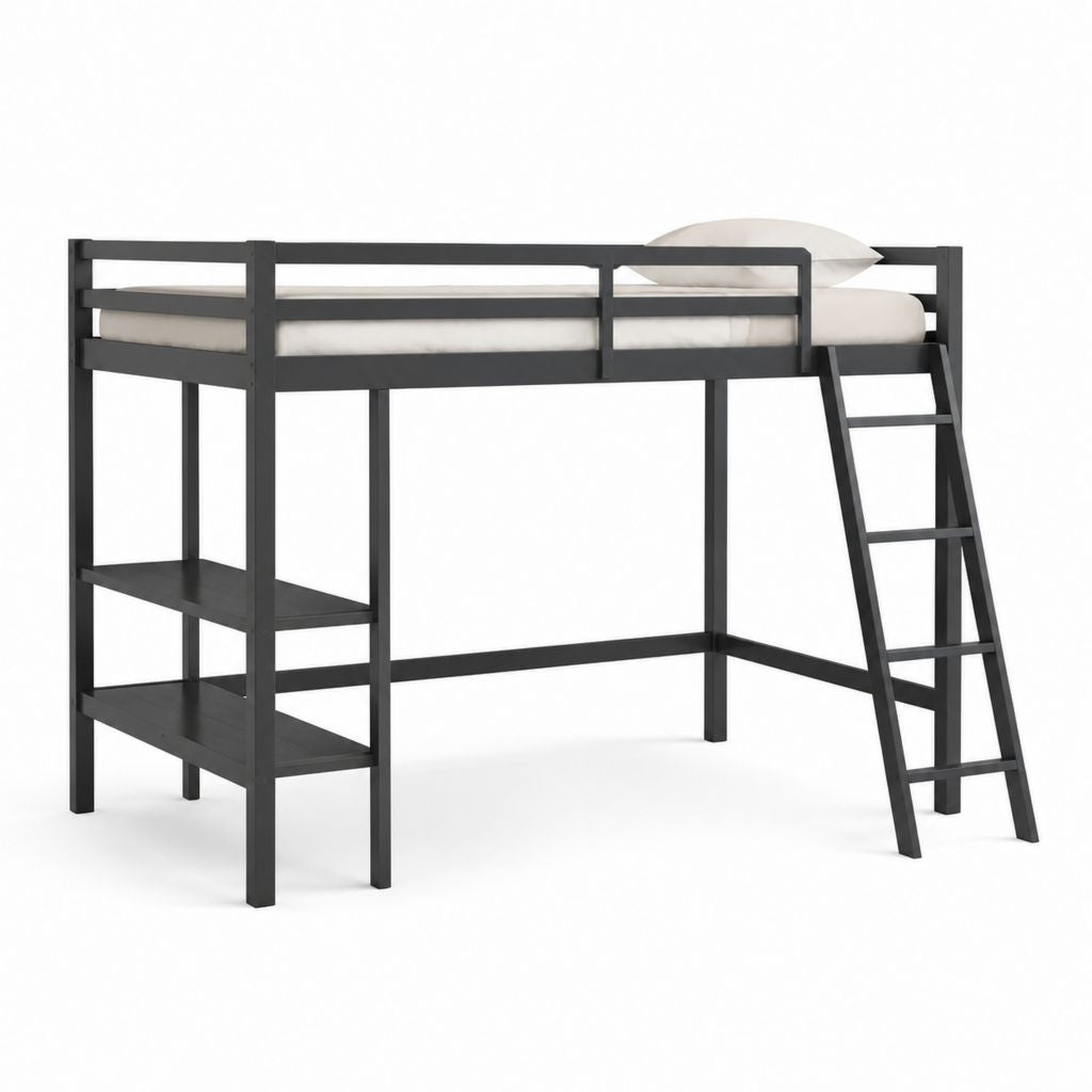 Lit mezzanine enfant noir en pin massif 90 x 190 cm avec échelle et étagères 198 x 104 x 161 cm