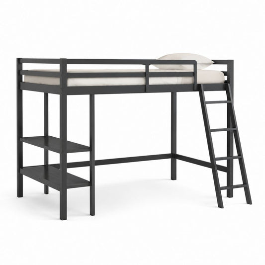Lit mezzanine enfant noir en pin massif 90 x 190 cm avec échelle et étagères 198 x 104 x 161 cm