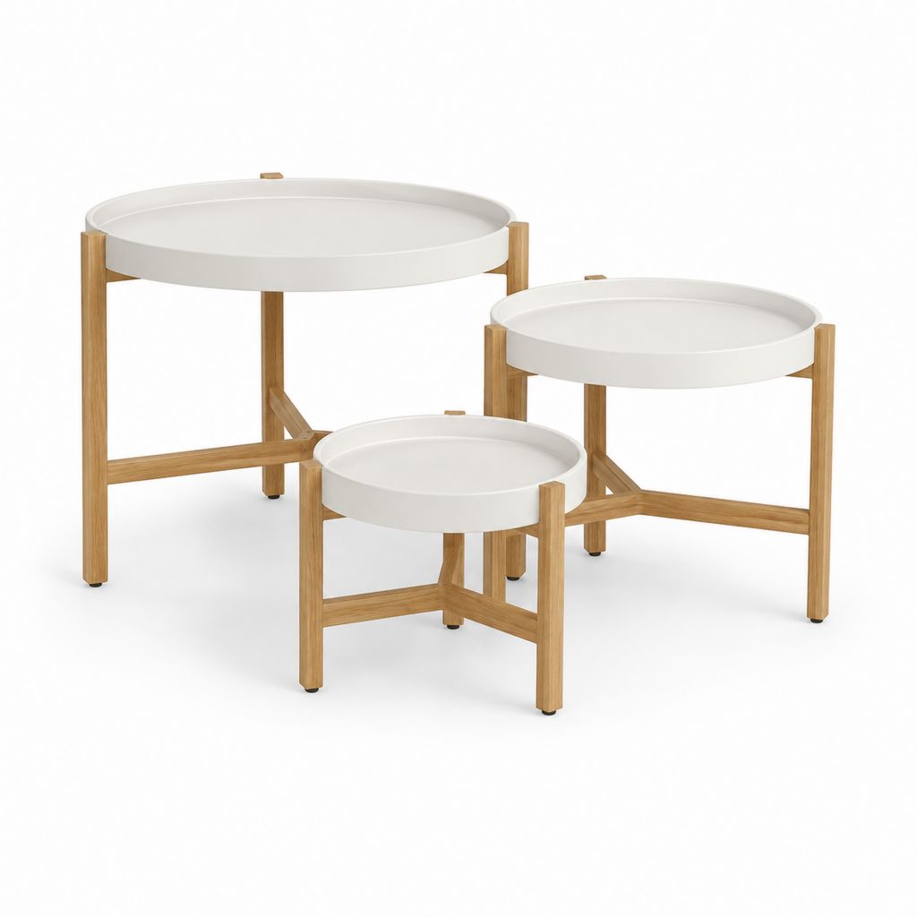 Lot de 3 tables basses rondes blanches en acier peint et bambou massif Ø 70 50 40 cm