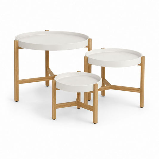 Lot de 3 tables basses rondes blanches en acier peint et bambou massif Ø 70 50 40 cm