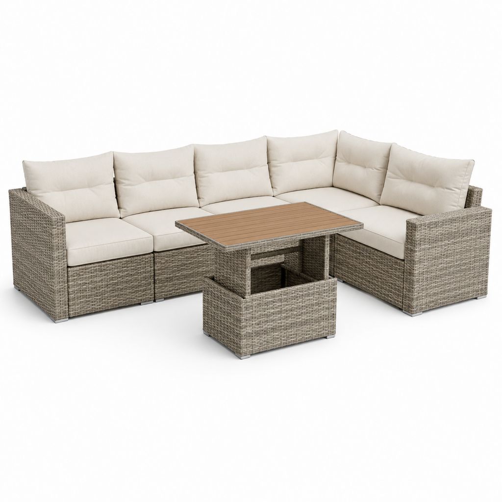 Salon de jardin d'angle 6 places beige en résine tressée PE avec table 150 x 80 cm