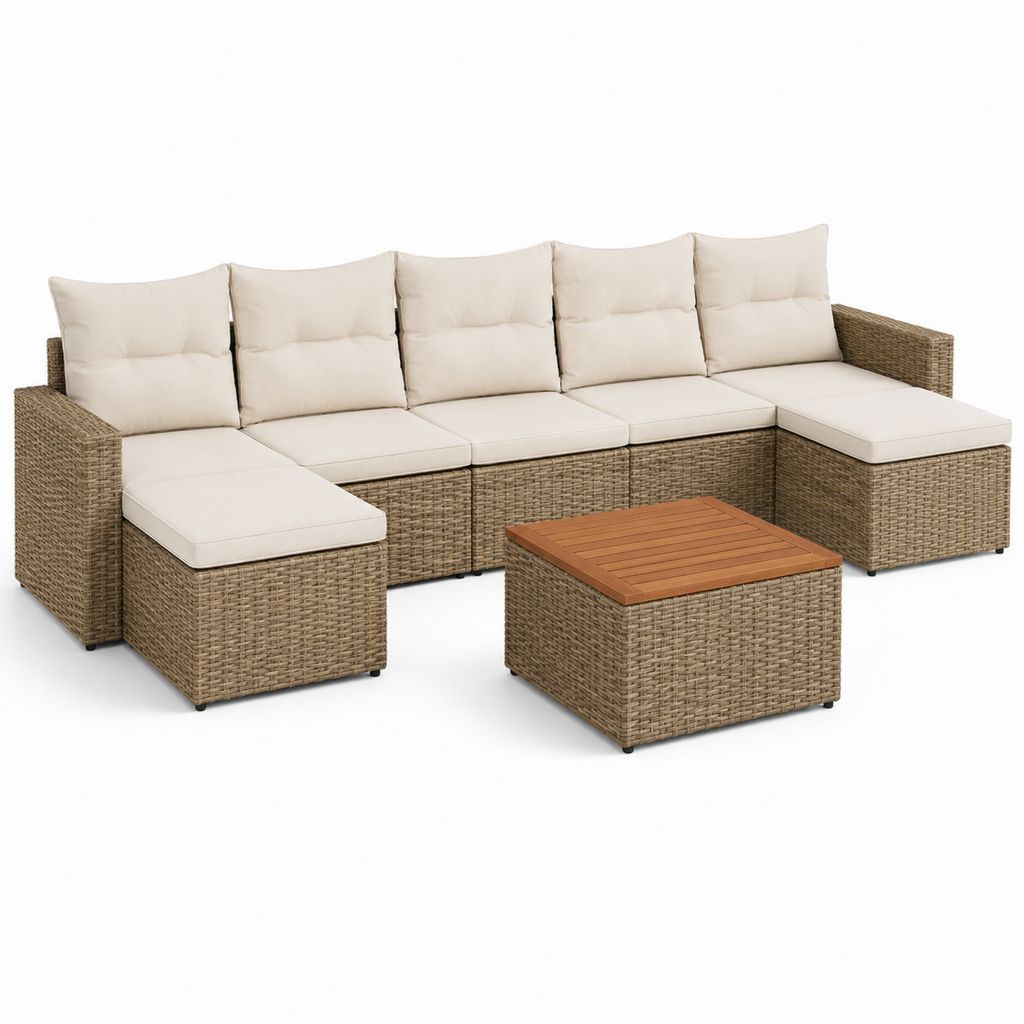 Salon de jardin d’angle 6 pièces marron en résine tressée PE avec coussins crème 280 x 210 x 63 cm