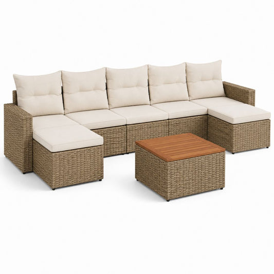Salon de jardin d’angle 6 pièces marron en résine tressée PE avec coussins crème 280 x 210 x 63 cm