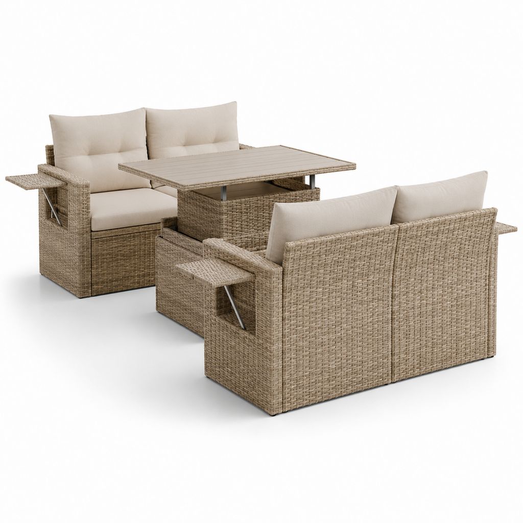 Salon de jardin 4 places 3 pièces beige en rotin synthétique PE avec structure en acier et table rectangulaire 120 × 70 × 68 cm
