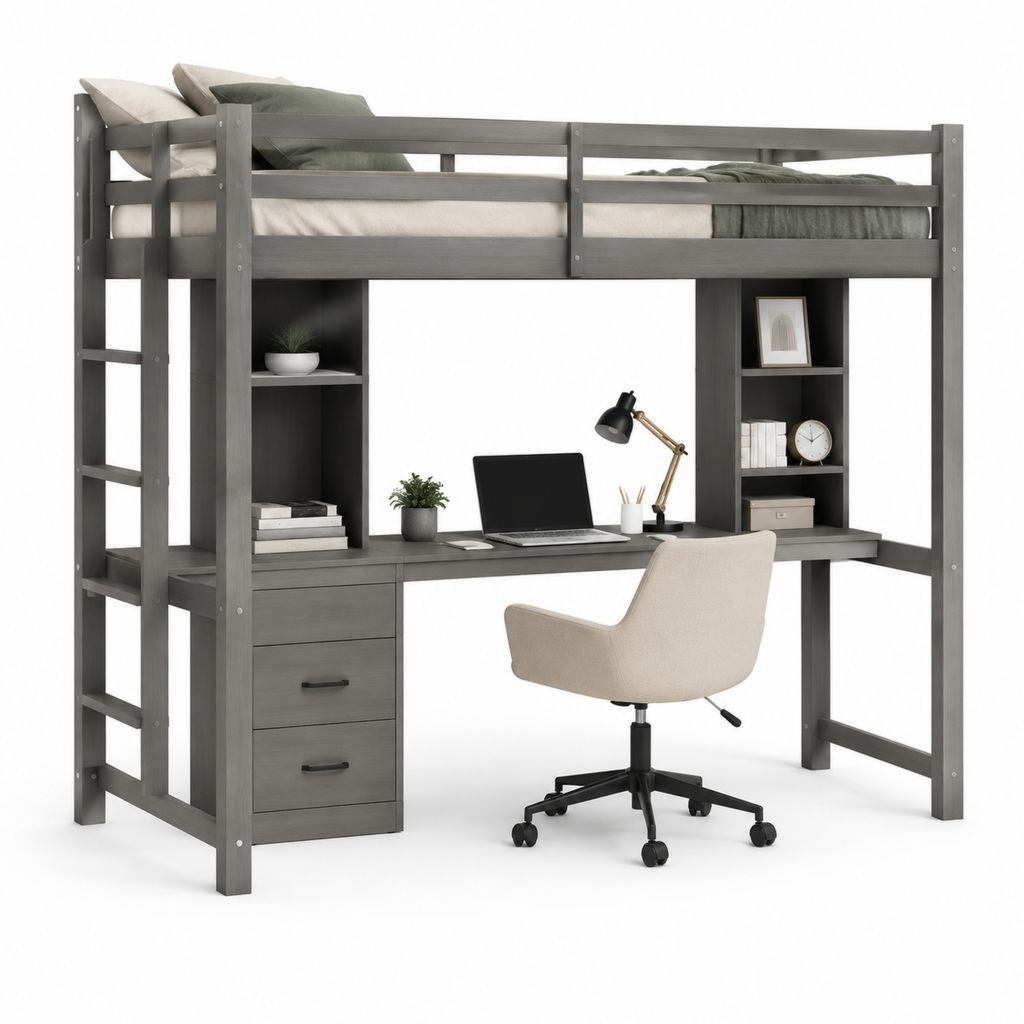 Lit mezzanine enfant rectangulaire gris en pin massif avec bureau rangements et chaise couchage 90 x 190 cm dimensions totales 198 x 145 x 180 cm