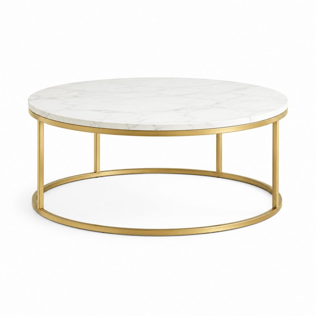 Table basse ronde blanche effet marbre avec cadre doré en acier 80 x 45 cm