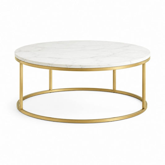 Table basse ronde blanche effet marbre avec cadre doré en acier 80 x 45 cm