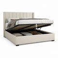 Lit coffre double 160 x 200 cm beige en polyester avec tête de lit capitonnée et sommier relevable