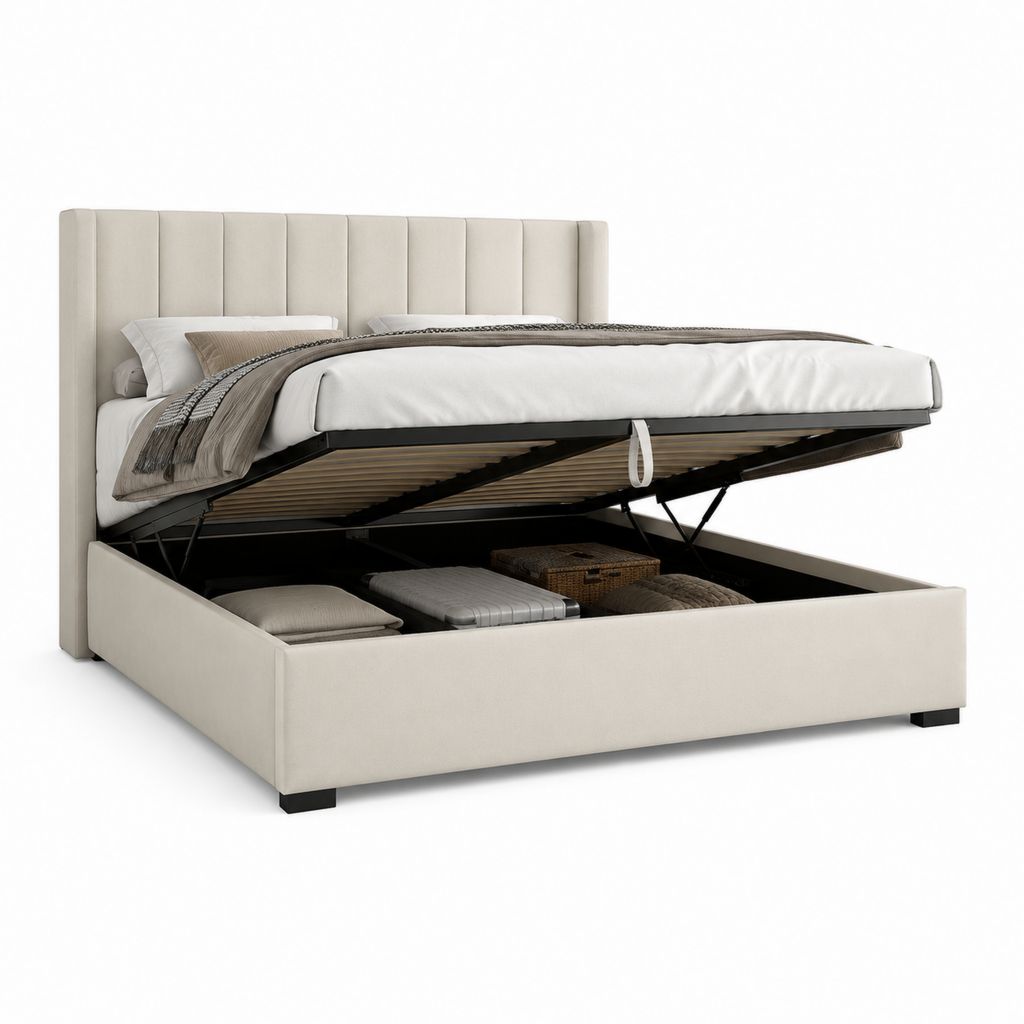 Lit coffre double 160 x 200 cm beige en polyester avec tête de lit capitonnée et sommier relevable