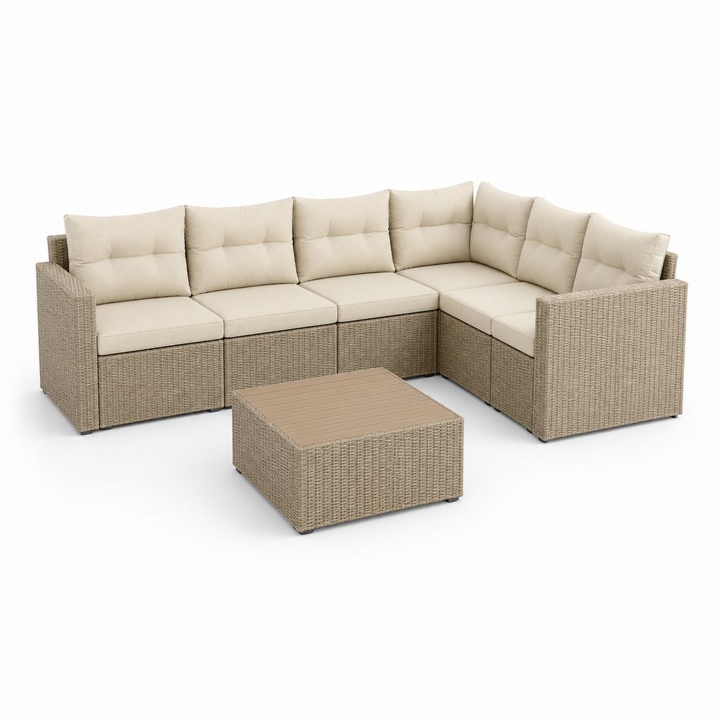 Salon de jardin d'angle 6 pièces beige en résine tressée PE avec coussins 240 x 180 x 65 cm