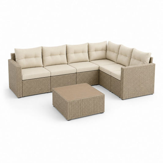 Salon de jardin d'angle 6 pièces beige en résine tressée PE avec coussins 240 x 180 x 65 cm