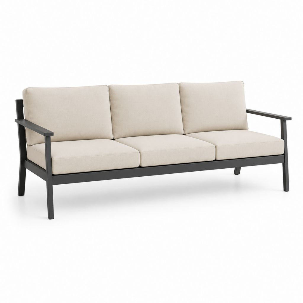 Canapé de jardin 3 places beige et noir en acier et polyester forme rectangulaire 180 x 75 x 75 cm
