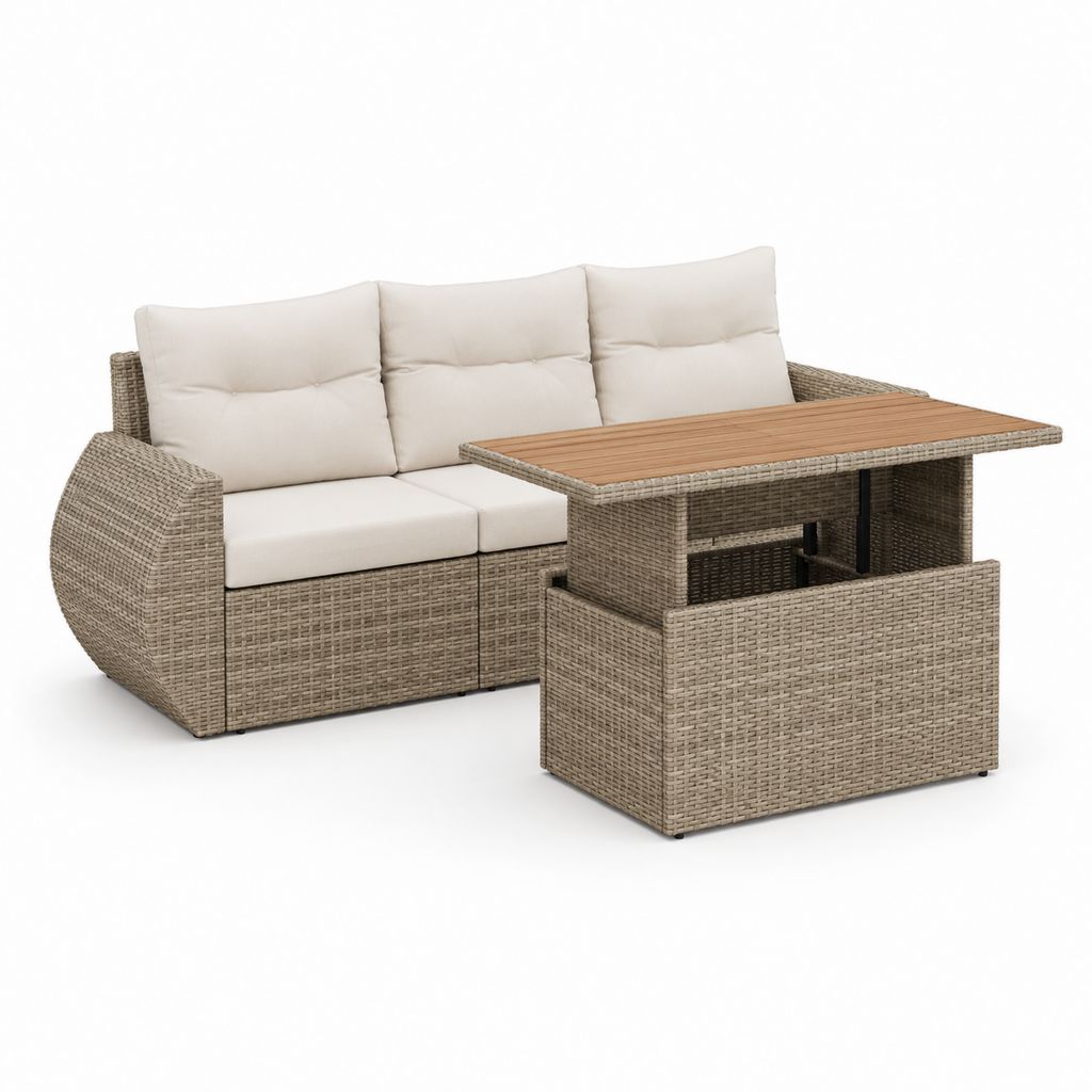 Salon de jardin canapé 3 places avec table relevable en rotin PE beige 180 x 80 x 85 cm