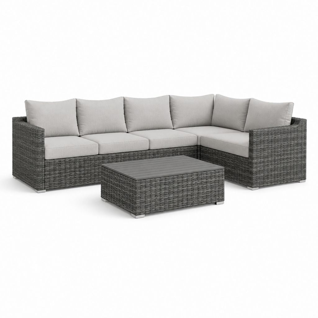 Salon de jardin d'angle 5 places gris en résine tressée PE avec table basse 230 x 180 cm