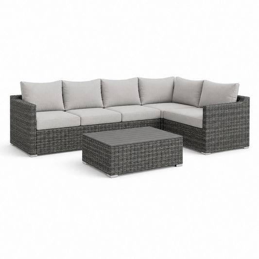Salon de jardin d'angle 5 places gris en résine tressée PE avec table basse 230 x 180 cm