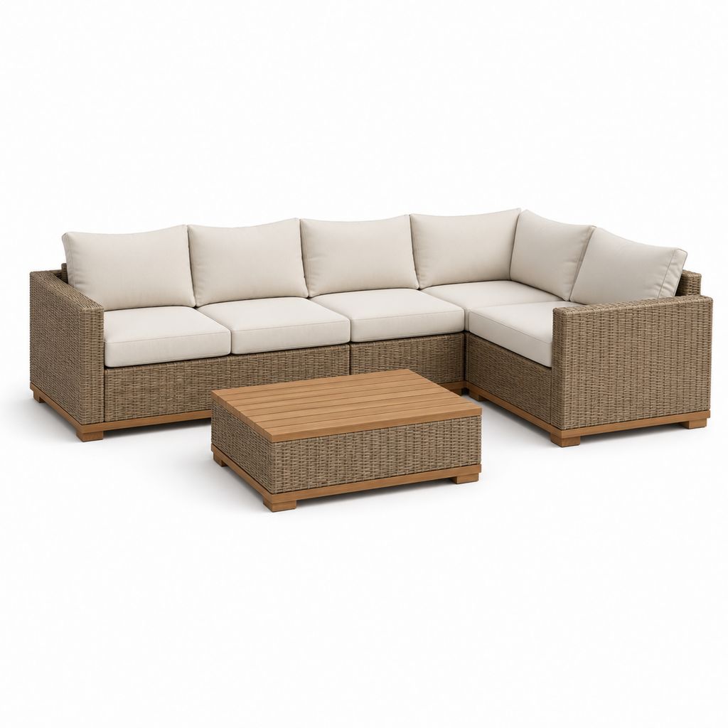 Salon de jardin d’angle 5 places beige en résine tressée avec table basse 280 x 220 x 85 cm