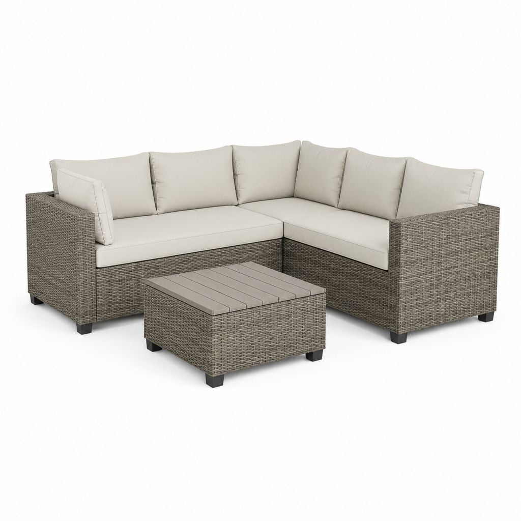 Salon de jardin d'angle 5 places gris en résine tressée PE avec coussins beige 210 x 210 x 65 cm