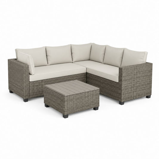 Salon de jardin d'angle 5 places gris en résine tressée PE avec coussins beige 210 x 210 x 65 cm
