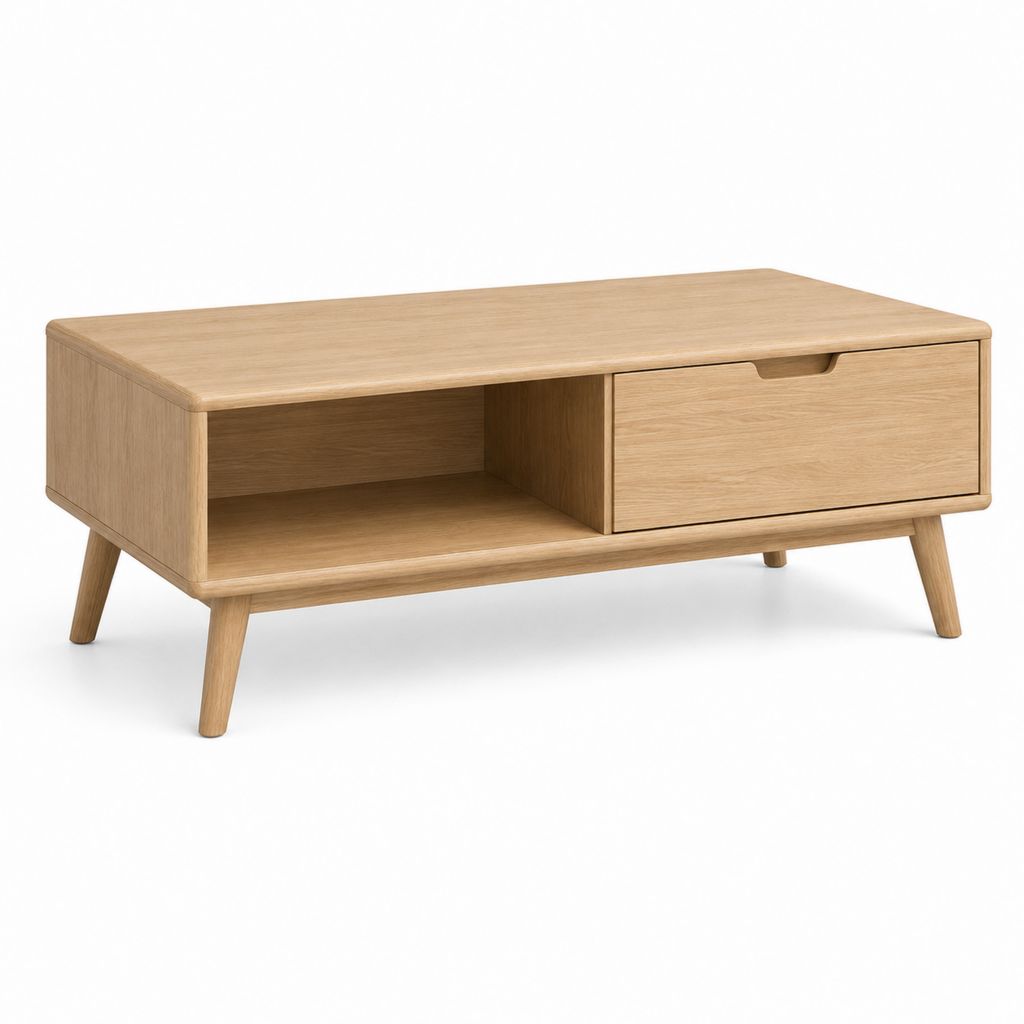 Table basse avec tiroir et niche en chêne naturel rectangulaire 100 x 60 x 45 cm