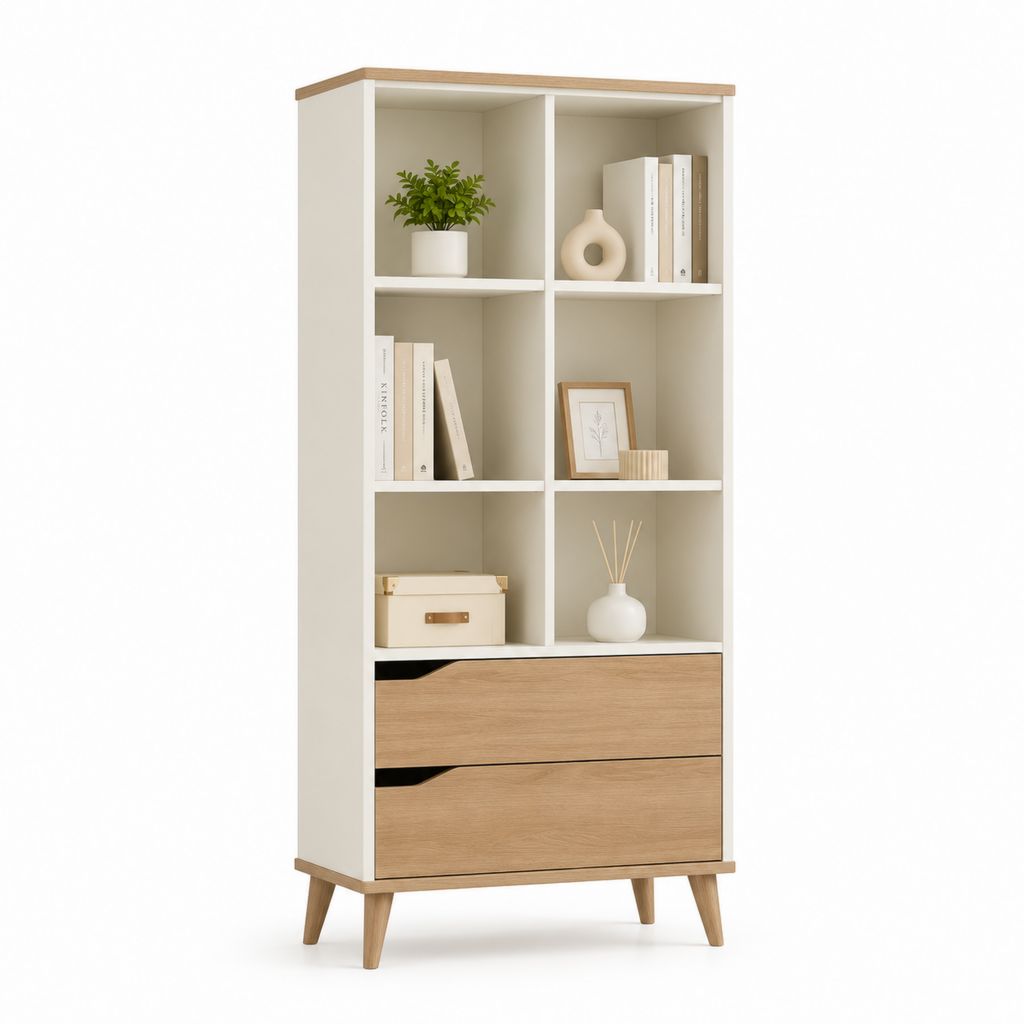 Bibliothèque haute 6 niches et 2 tiroirs blanc et chêne en panneaux de particules 180 x 80 x 35 cm