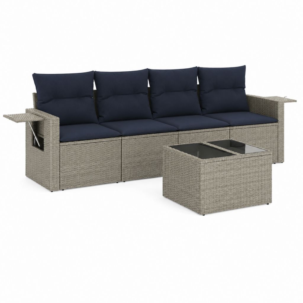 Salon de jardin 4 places avec table basse gris et bleu marine en résine tressée PE 240 x 70 x 70 cm
