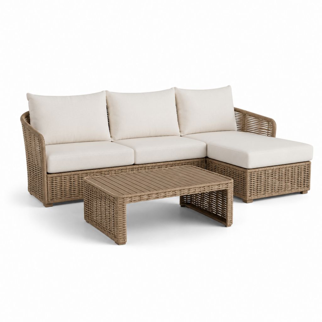 Salon de jardin d’angle 4 pièces en résine tressée beige avec coussins écrus 210 x 145 x 78 cm