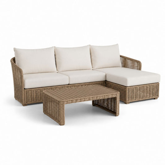Salon de jardin d’angle 4 pièces en résine tressée beige avec coussins écrus 210 x 145 x 78 cm