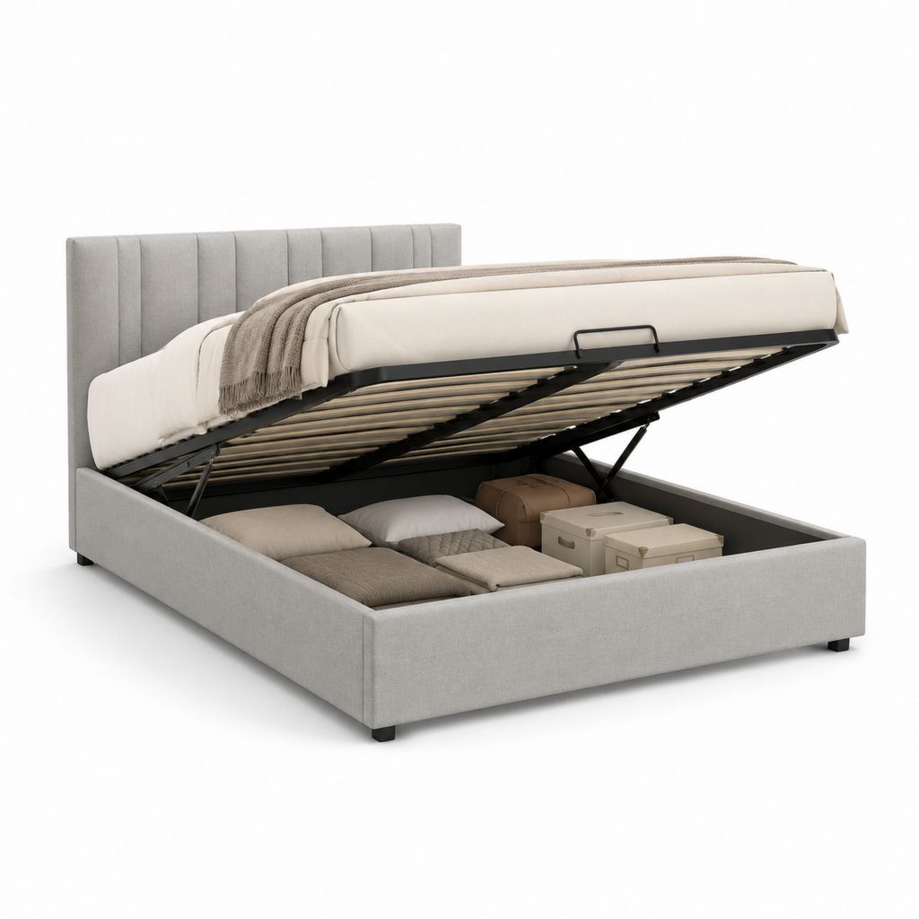 Lit coffre 160 x 200 cm gris clair en polyester rectangulaire avec sommier à lattes relevable