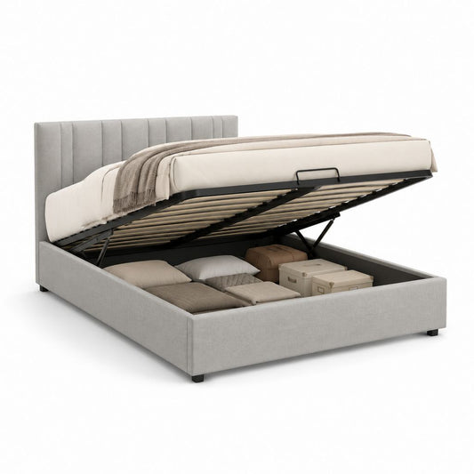 Lit coffre 160 x 200 cm gris clair en polyester rectangulaire avec sommier à lattes relevable