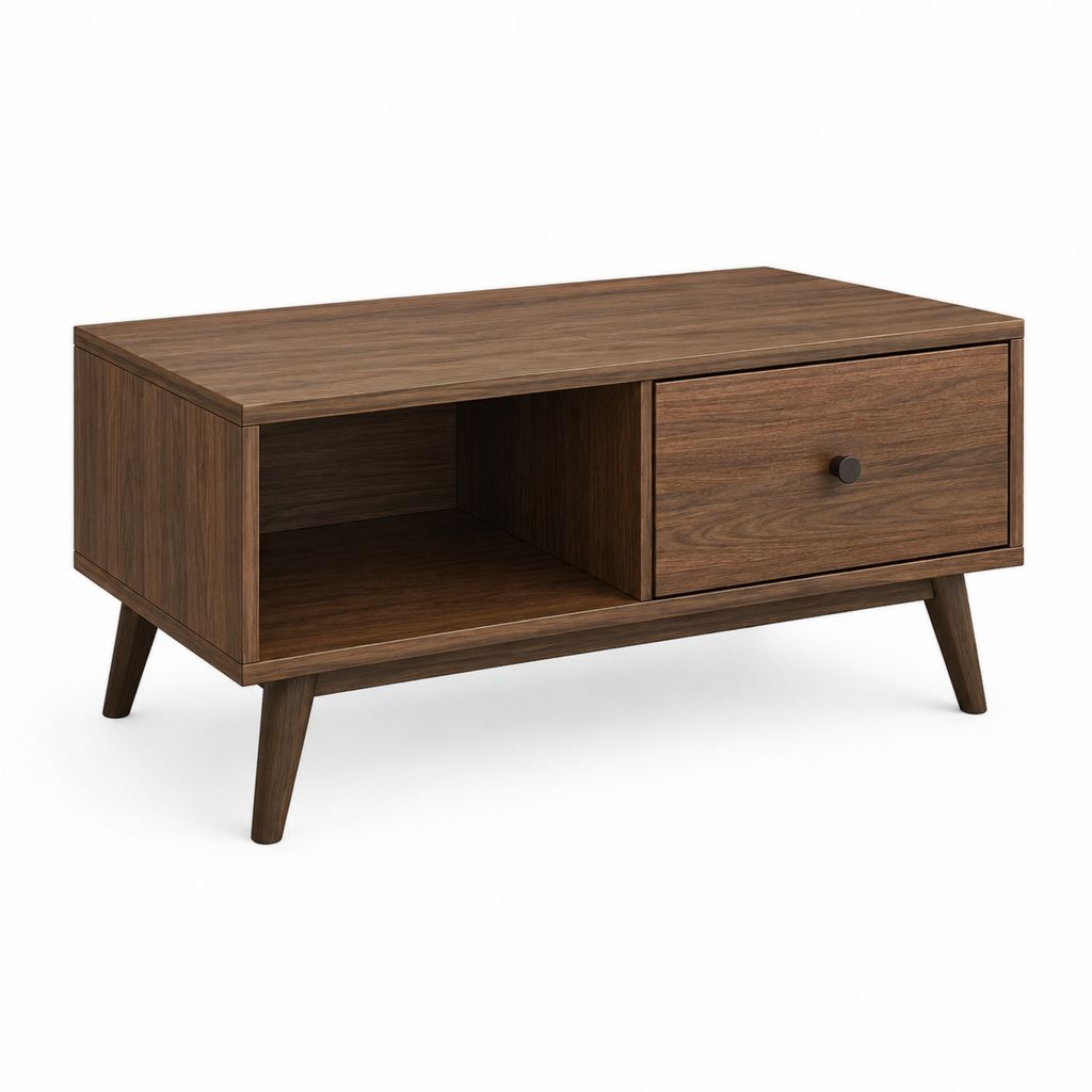 Table basse rectangulaire noyer en panneaux de particules 100 x 50 x 45 cm avec tiroir et niche ouverte