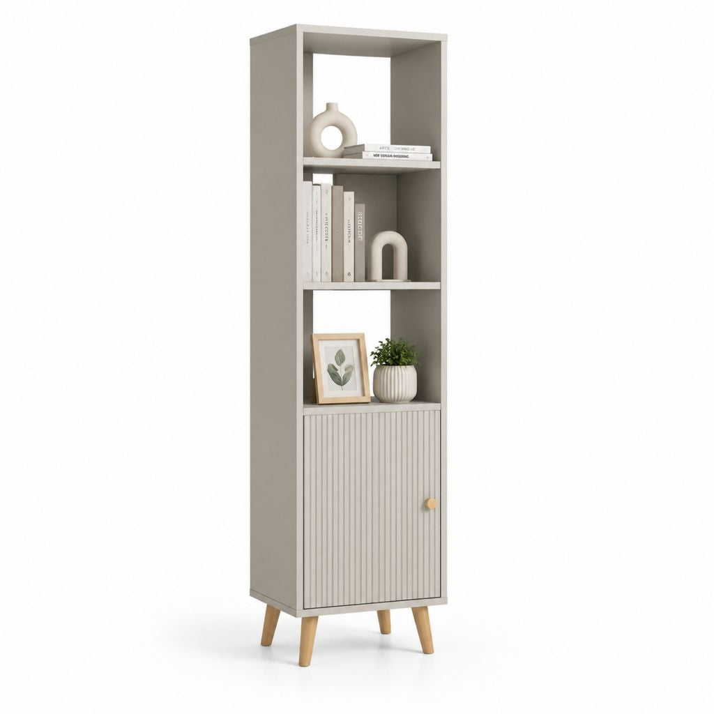 Bibliothèque étroite grège en panneaux de particules mélaminés avec porte rainurée 45 x 35 x 180 cm