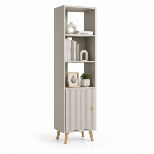 Bibliothèque étroite grège en panneaux de particules mélaminés avec porte rainurée 45 x 35 x 180 cm